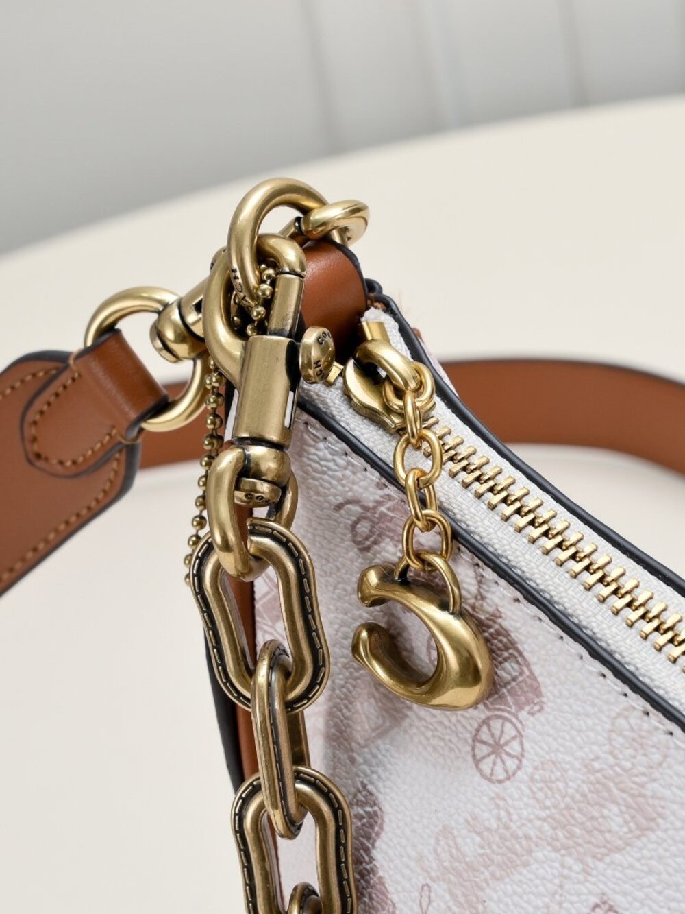 Coach Mira Horse & Carriage Print Crescent Bag with Chain - White/Brown - Picture 7 of 7